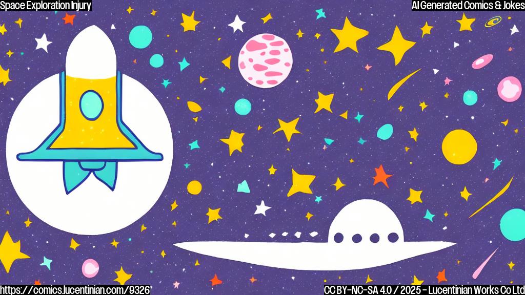 Cartoon image, plain color background, an enormous band-aid with stars on it, next to a tiny space rocket, simple style.