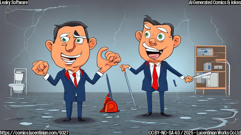 Cartoon image of a stressed executive in a suit pointing an accusing finger at a plumber with a wrench, standing in a puddle of liquid labeled "iOS 26". The background is a generic office. Use plain colors and a simple art style.
