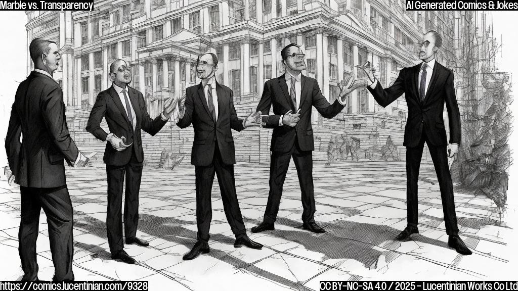 Cartoon of three men with suits arguing with an architect who holds a blueprint. In the background, a Federal Reserve building with half of it covered in marble and the other half in glass. One man points aggressively at the marble, while the architect looks frustrated.