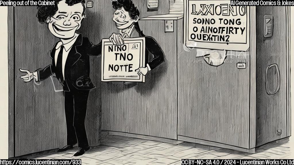 A cartoon of a person holding an exit sign with a suitcase, standing in front of a cabinet door. The person is smiling and looks relieved, while the cabinet door has a "No Vacancies" sign on it. The style should be plain color and cartoon-like.