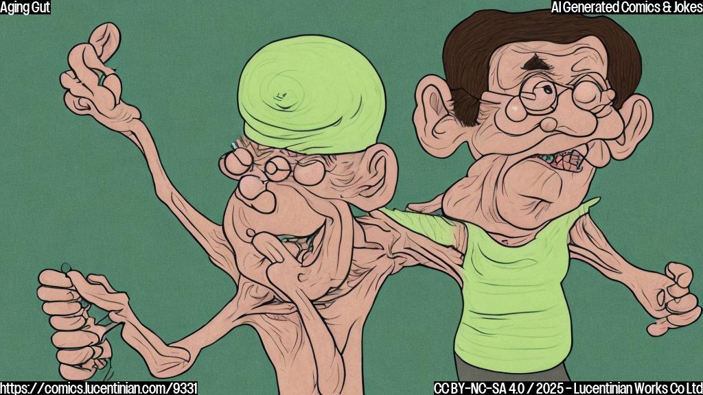 A cartoon drawing of an elderly, slightly hunched-over digestive system with a grumpy expression, wearing a yoga mat slung over its shoulder. The background is a plain light green.