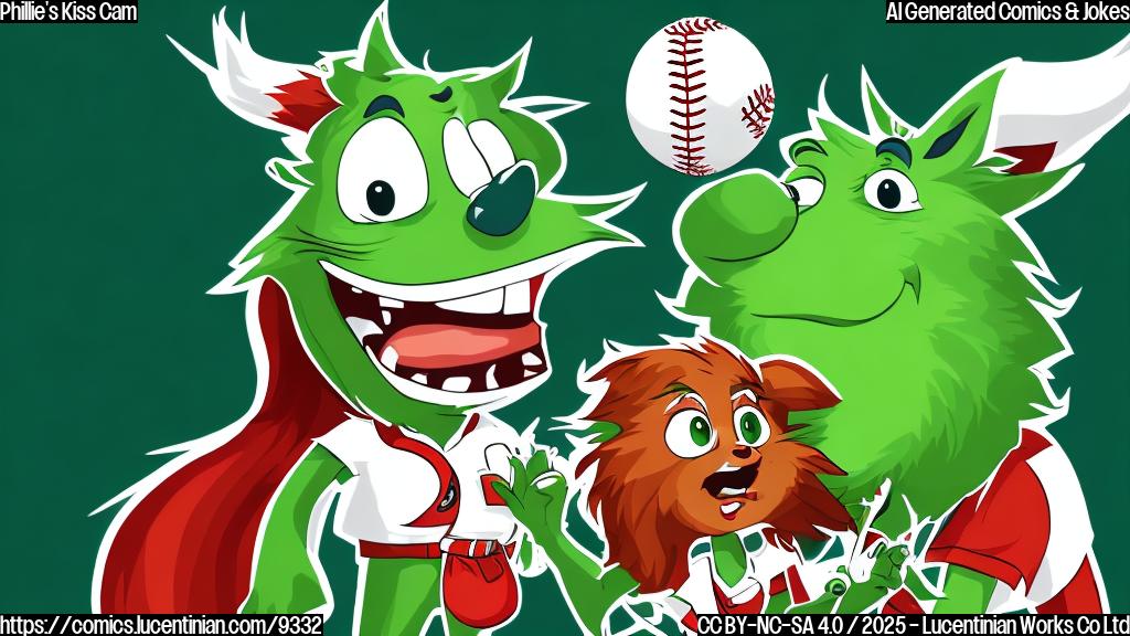cartoon style, a green furry mascot with bulging eyes and a bewildered expression standing next to a pretty lady with long, wavy orange hair. A baseball hovers nearby. Plain background.