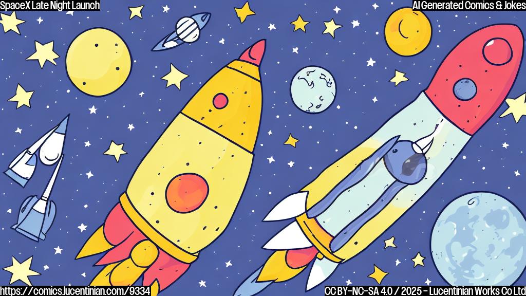 cartoon style, plain color background, a smiling satellite with a pillow tucked under its arm, next to a rocket on a launchpad at night. The satellite and the rocket are simplified and cartoonish.