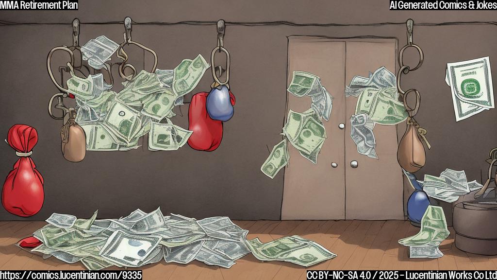 A cartoon drawing of a muscular male fighter with boxing gloves hanging up a pair of fighting gloves on a wall hook. In the background, a pile of money shaped like a mattress is visible. The scene has a simple, plain color background.
