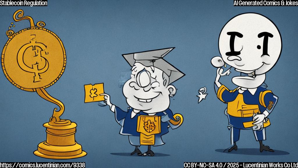 A plain color cartoon of a happy, round coin character with a dollar sign on it, wearing a small graduation cap, standing proudly under a banner that says "New Law". The background is a simple, light blue.
