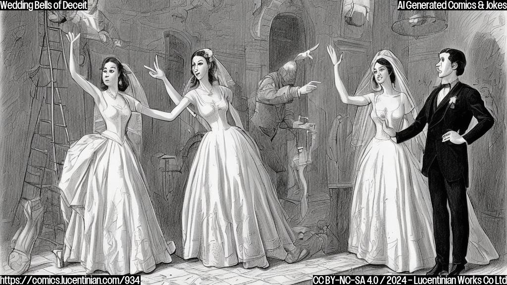 Draw a cartoon-style picture of a woman in a white wedding dress standing next to a man, both with surprised expressions on their faces. The woman is holding a ladder and pointing upwards, while the man has his hands up in a defensive gesture. Both characters have a subtle hint of deceit in their body language.