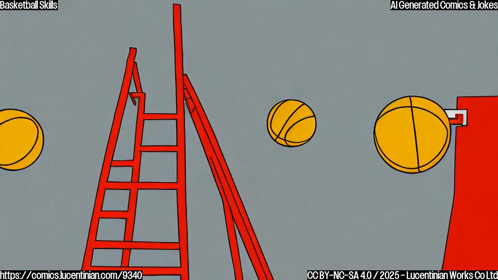 Cartoon illustration, plain bright yellow background, a basketball with a confused expression looking up at a tall red ladder with the top out of frame. A small basketball hoop stands slightly to the side. Simple, clean lines.