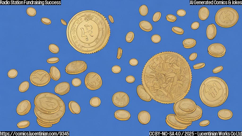 a simple, flat, cartoon image. The background is a light blue color. In the center, there's a stylized microphone with sound waves emanating from it. A pile of coins is next to the microphone.