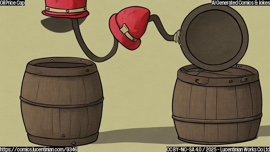 cartoon illustration of an oil barrel wearing a small, comical hat, plain color background