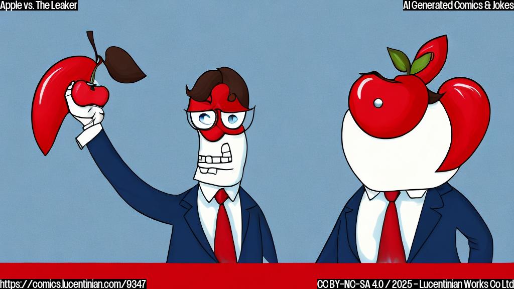A cartoon style, plain light blue background, featuring a stylized apple with a serious expression wearing a black business suit and a red tie, pointing an accusing finger towards a shifty-looking pear with a sly grin, wearing a trench coat and sunglasses.