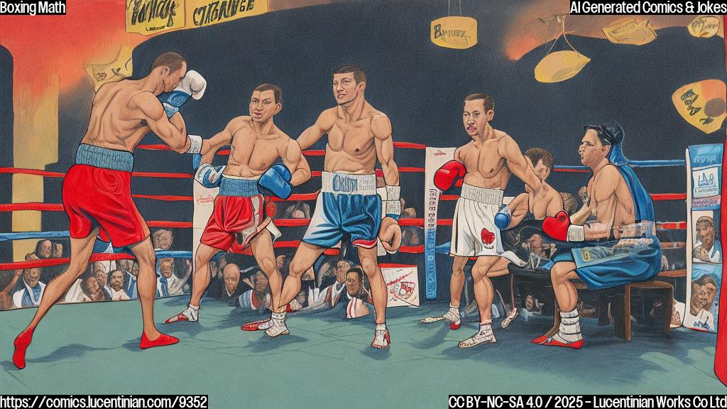 Cartoon illustration of three judges sitting ringside at a boxing match. One judge is scratching their head looking confused, one is adding numbers on an abacus, and the third is asleep. The boxing ring is visible in the background, with two generic boxers (one older, one younger) looking exhausted. The overall style is simple and brightly colored.