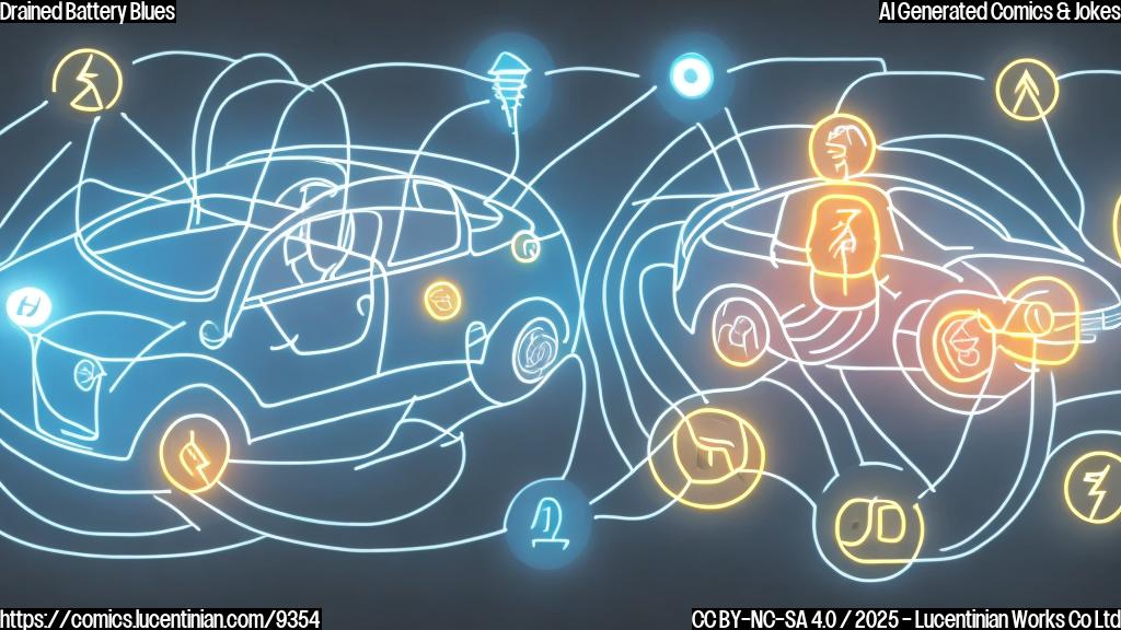 Illustration of a smiling electric car with a therapist in the background, surrounded by battery icons and electricity symbols. The car should have a worried expression, while the therapist should be nodding understandingly.