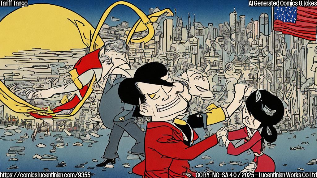 A plain color cartoon style image depicting a Japanese voter with a concerned expression, politely declining a dance with a cartoon representation of a US tariff, which looks imposing and aggressive. The background is a simple cityscape of Japan.