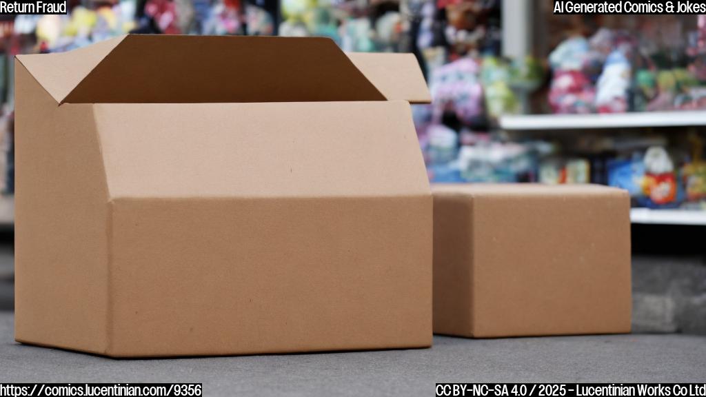 A plain color cartoon style image depicting a sad-looking cardboard box with tears in its eyes, sitting outside a retail store.