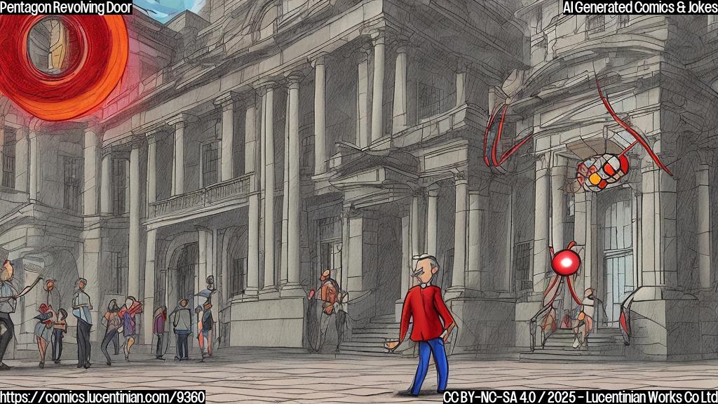 Cartoon image of a bright red revolving door spinning rapidly in front of a building that resembles a generic government building. Stick figures in business suits are flying in and out of the door, some looking dizzy. The sky is a plain light blue color.