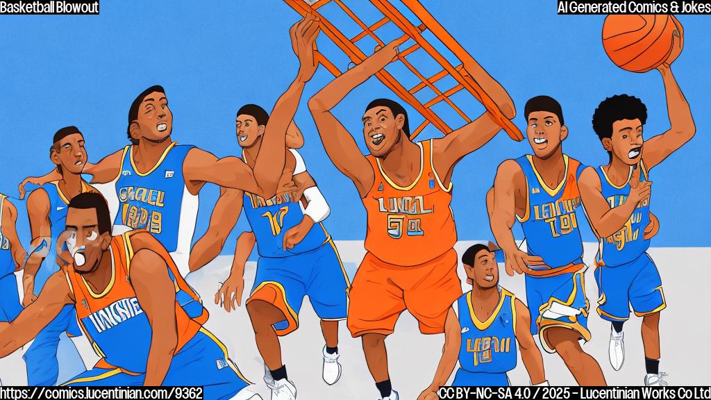a cartoon image of a basketball team carrying an oversized ladder towards a basketball court. The sky is bright blue. The players are wearing generic basketball jerseys with no logos, one team in light blue and the other team in orange.