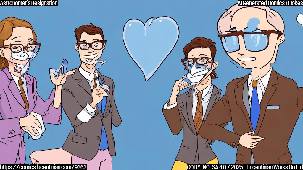 Cartoon style image of a man in a business suit looking embarrassed, with a large screen behind him showing a pixelated heart. The man has short brown hair and glasses. Next to him, a woman with long blonde hair is giggling, covering her mouth with her hand. The color palette is primarily pastel shades of blue, yellow, and pink.