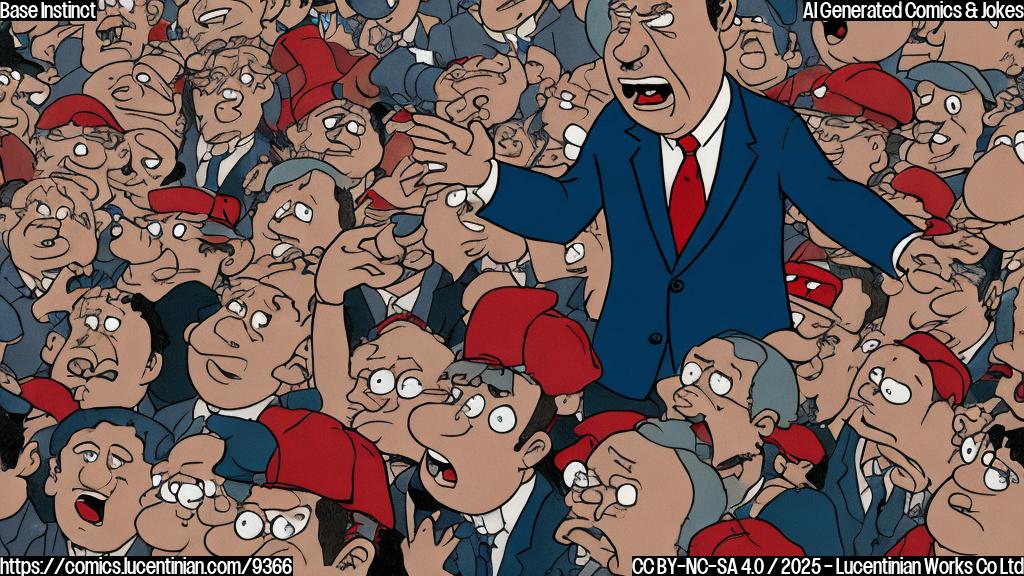 a simple, plain color cartoon style image of a stressed-looking man in a blue suit sweating and holding a microphone, while a crowd of cartoon faces with exaggerated expressions and red hats yells at him. The background is a solid light gray.