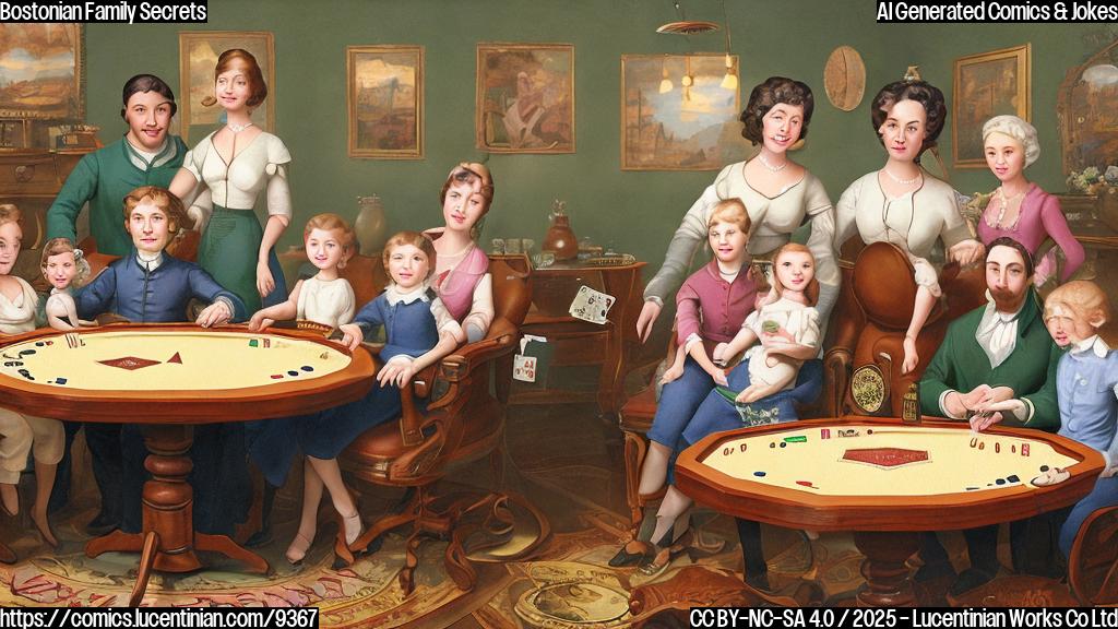 A plain color cartoon style picture of a stuffy-looking family in old-fashioned clothes sitting stiffly around a poker table. The table is made of mahogany and covered in green felt. There are poker chips and playing cards on the table, but no one is smiling or having fun. The background is a simple, solid color.