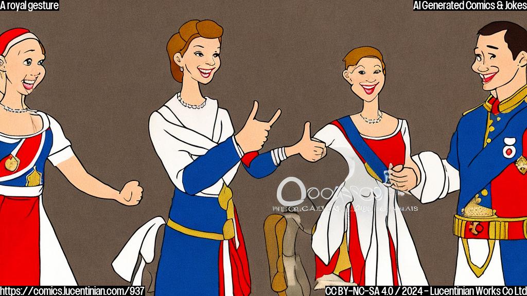 Draw a simple cartoon of a smiling woman in a royal dress, holding hands with a man and wearing a red sash, while giving a thumbs up. The woman has a faint chemotherapy symbol on her wrist.