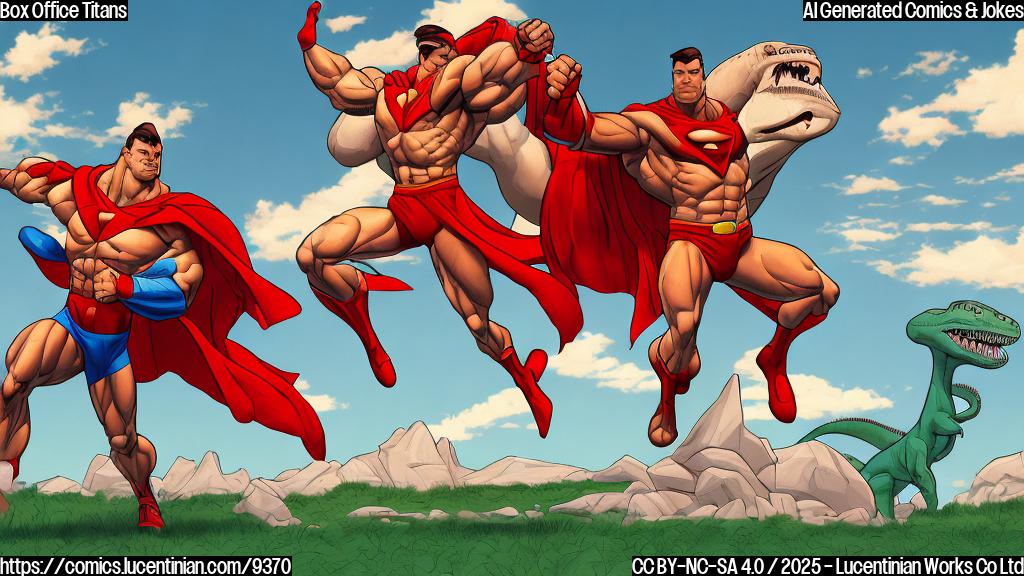 A simple, plain color cartoon style illustration showing a muscular superhero with a red cape and tights standing next to a large, friendly-looking dinosaur. In the background, there is a stylized racetrack with a race car zooming by. The overall style is cheerful and uncomplicated.