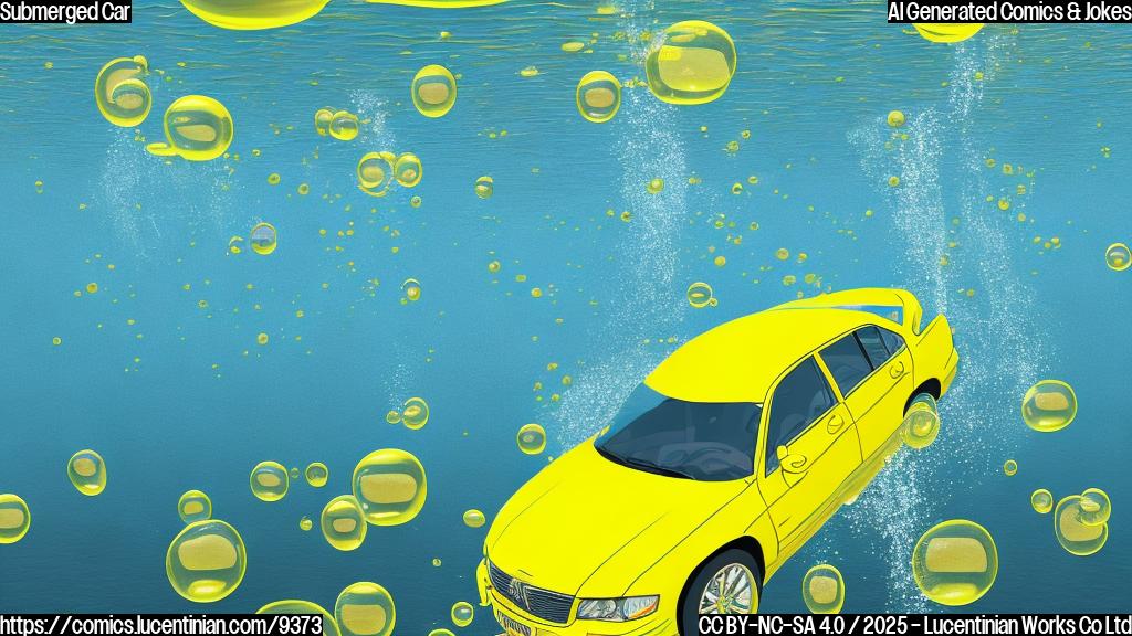 Cartoon image of a bright yellow, generic sedan upside down in a body of water. Bubbles are rising. The water is light blue. The style is simple and cheerful, with no realistic details. The background is a plain light blue sky.