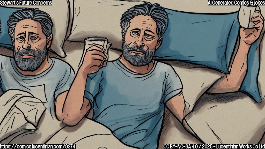 A colorful, plain-style cartoon of a person (Jon Stewart) lying in bed with their head on a pillow, surrounded by TV screens and papers with words "Paramount", "Skydance", and "Cancellation" written on them. The person is shown with a worried expression, with their hands holding a glass of coffee that has a label saying "Insomnia".