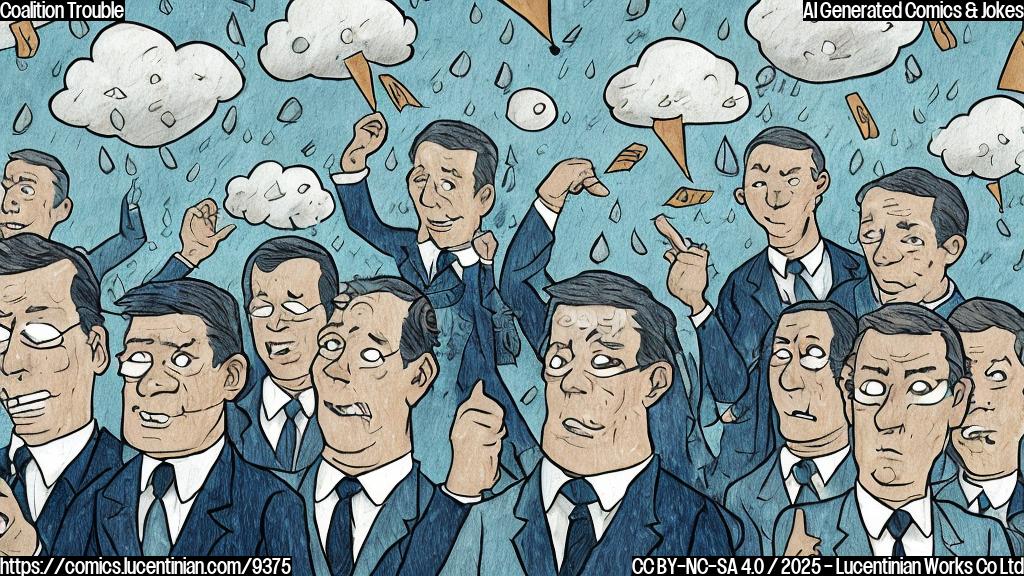 A cartoon-style image of a group of sad-looking people wearing suits, standing under a dark cloud raining down ballots with right-pointing arrows on them. The background is a plain light blue.