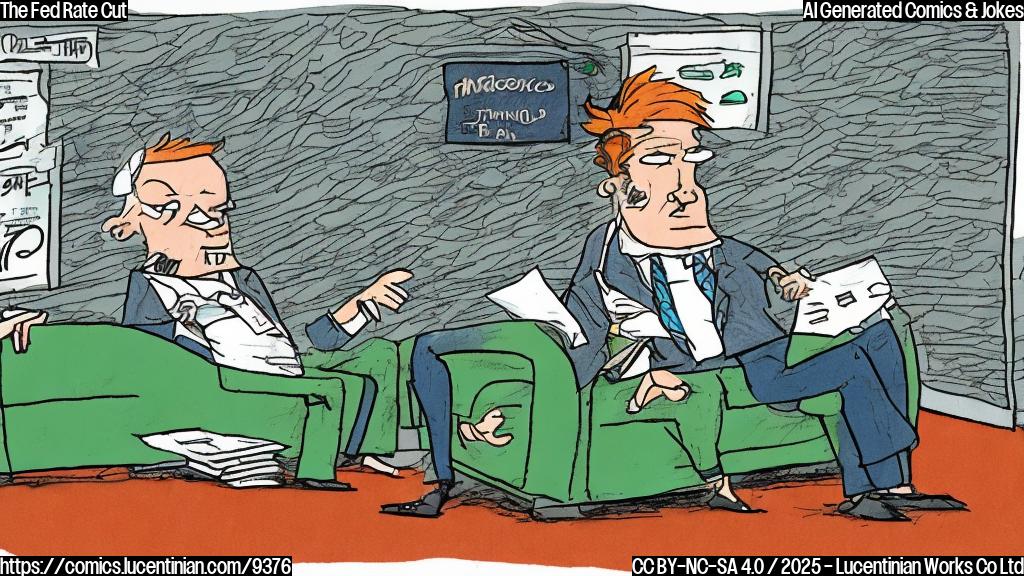 A cartoon image of a sad-looking stock market graph lying on a therapist's couch, with a thought bubble showing a small building and a man with fluffy orange hair in the background. The color should be plain light green.