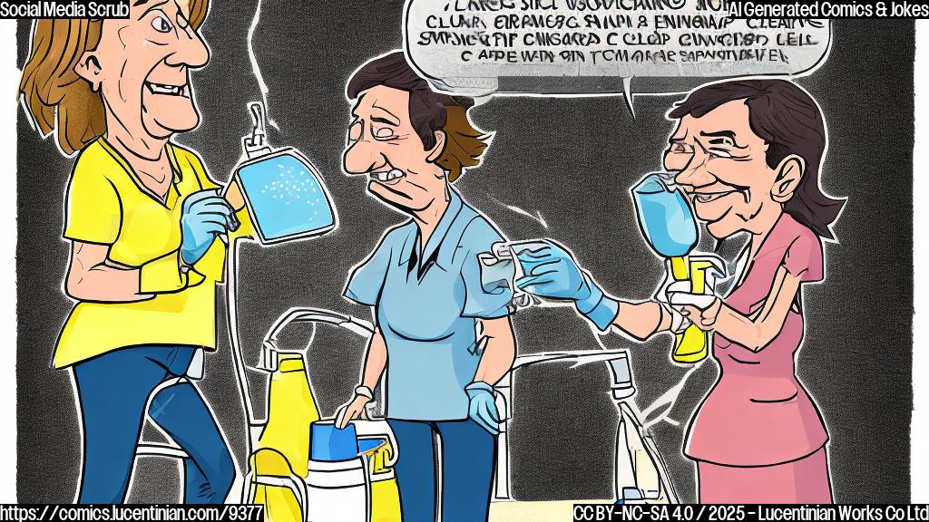 Cartoon of a nervous-looking politician with sweat on his brow, handing a very large scrubbing brush to a cleaning lady who is standing in front of a giant smartphone displaying various embarrassing posts. The background is plain light yellow.