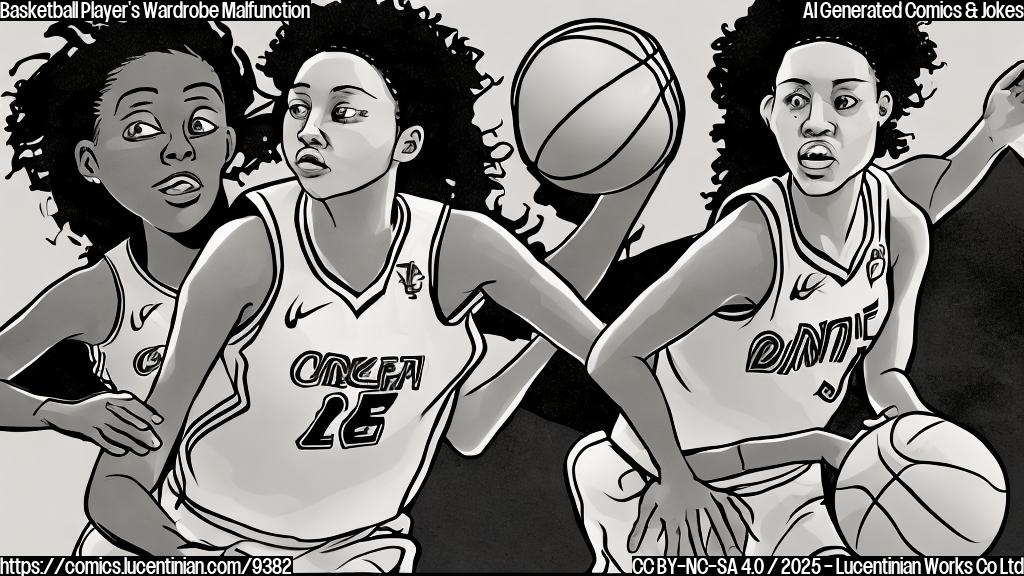 A cartoon style drawing of a female basketball player wearing two basketball jerseys, one awkwardly on top of the other. The background is a simple, plain, light gray color.