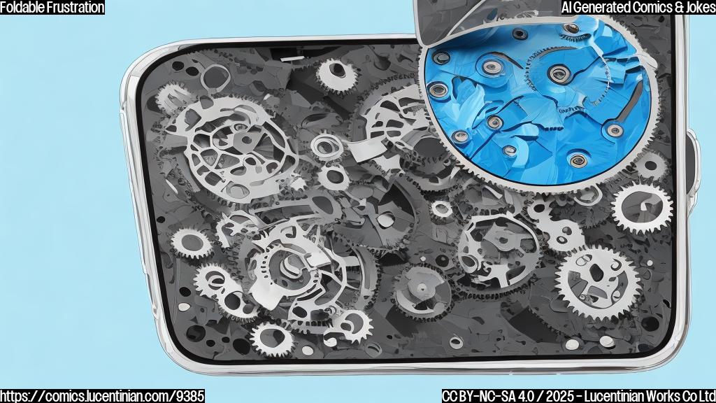 Cartoon image of a frustrated foldable phone with a cracked screen, surrounded by gears and springs, against a plain light blue background.