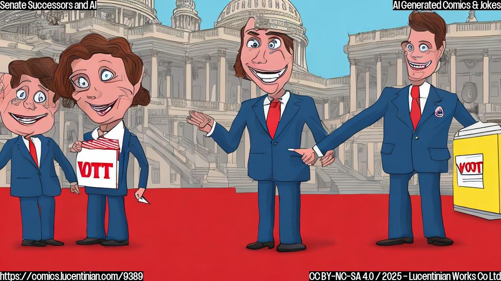 A cartoon drawing of two smiling, generically dressed senators standing on a red carpet leading to a US Capitol building. In the foreground, a small robot waves and hands out pamphlets labeled "Vote for Me!" with a big smile. The robot is powered by a large "AI" battery pack.
