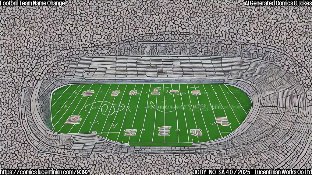 a plain color cartoon style picture of a football stadium with a thought bubble coming from it saying "Change the name back!"