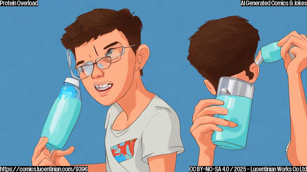 A teenager with a concerned expression looking at an overflowing protein shake bottle. The background is a plain, light blue color. Cartoon style.