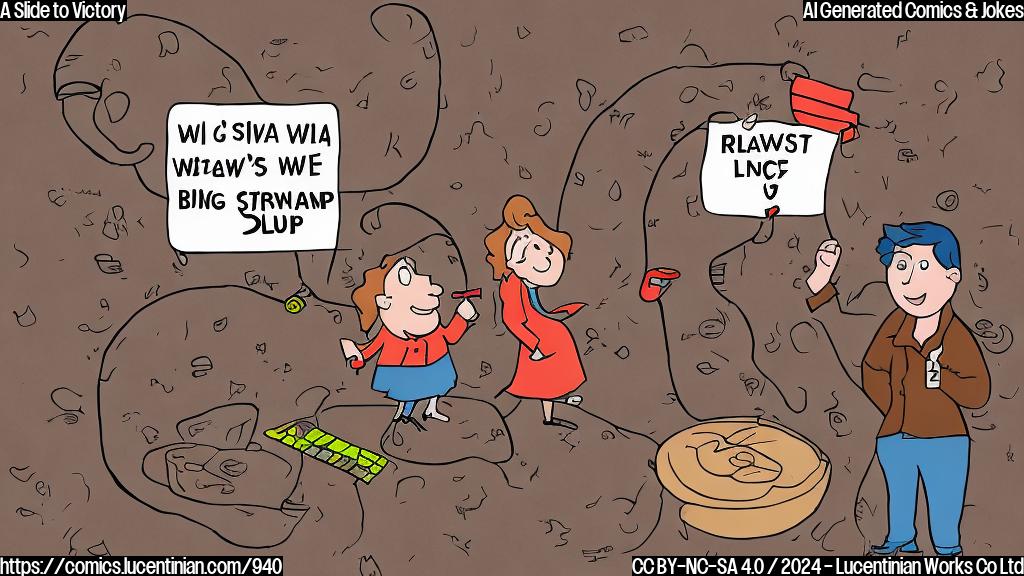 Draw a simple cartoon of a person (a woman with short brown hair and a smile) standing on a large playground slide, with a big "W" on it. The slide should have a slight slope upwards to indicate "success". In the background, there's a small image of a Republican party symbol and an opponent's logo, but they're smaller than the Democratic party symbol. The person in front of the slide is holding a small American flag in their hand.