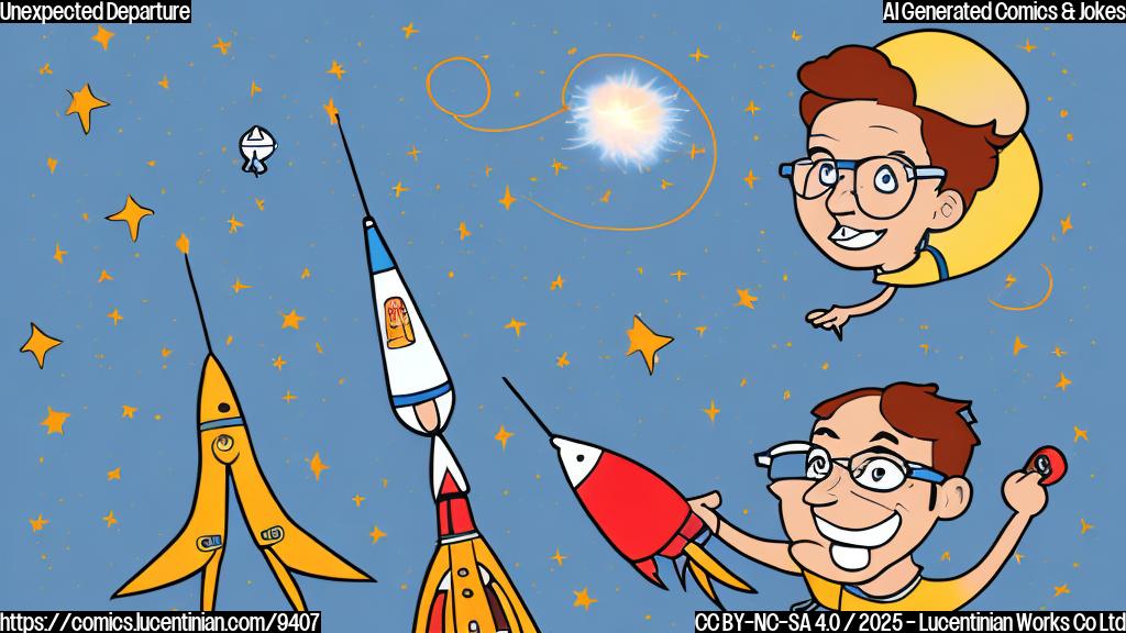 A cartoon image of a rocket scientist with glasses carrying a small ladder, looking surprised, with a rocket launching in the background. The style is simple and colorful, resembling a children's book illustration. The background is a plain light blue.