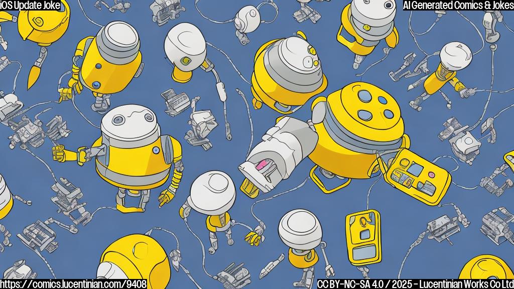 Cartoon style image of a smartphone looking stressed and sweating, surrounded by tiny robots with wrenches trying to update it. The background is a plain pastel yellow.