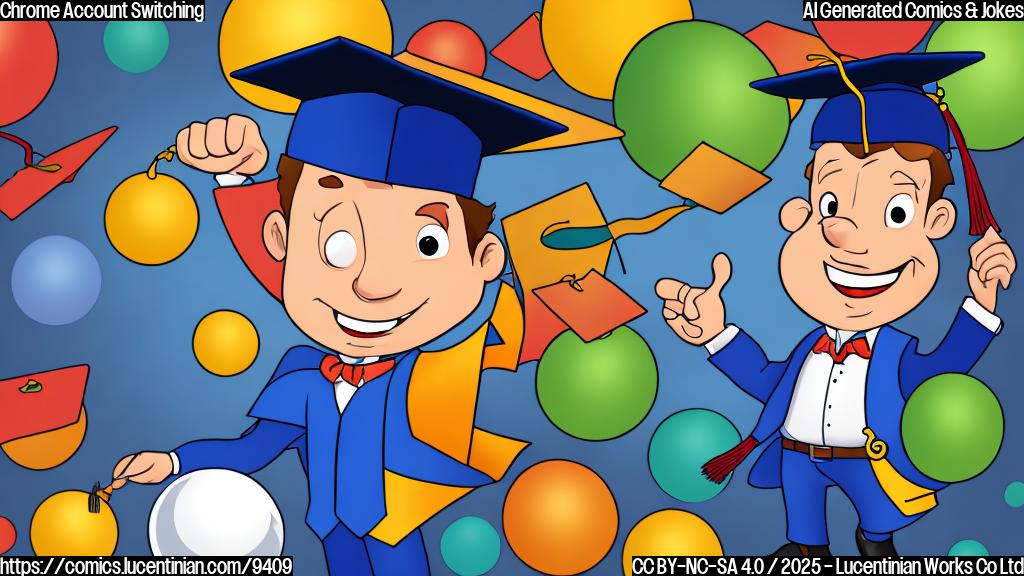 Cartoon image, plain background, Chrome browser icon wearing a graduation cap and juggling two balls, one labeled "Work" and the other "Personal".