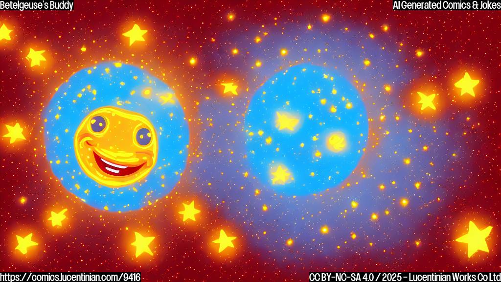 a bright red giant star smiling with a smaller, yellow star orbiting very close to it, cartoon style, plain color background