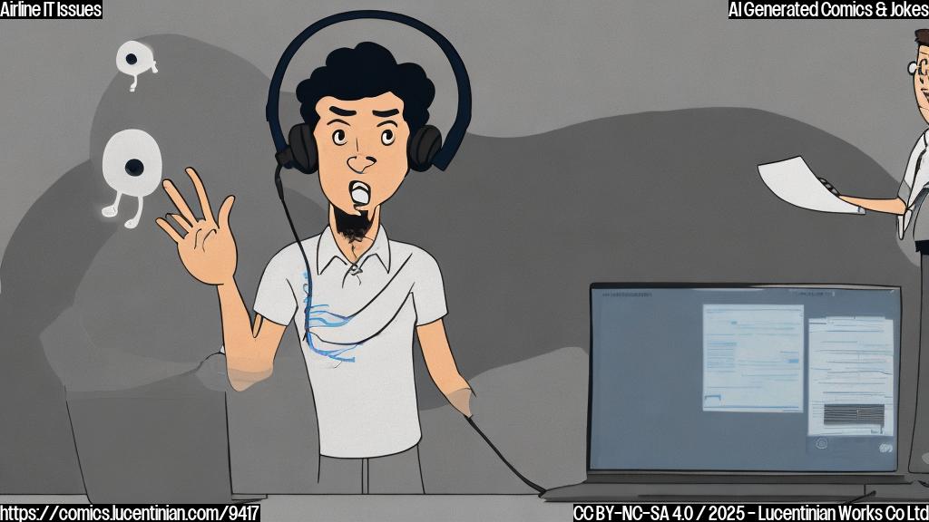 a cartoon of a frustrated airline worker with a headset, looking at a computer screen with error messages, with a wispy, transparent ghost hovering behind the computer