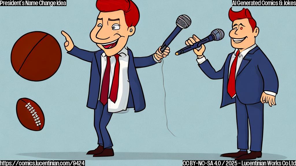 A cartoon style illustration of a red-haired man in a suit standing behind a podium with a microphone. He is smiling and pointing to a football lying on the ground. The background is a plain light blue.
