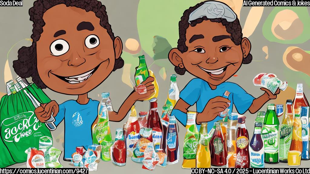 a cartoon of a smiling person holding a cane sugar bag, surrounded by a few bottles of soda with a green checkmark and a big smile on the face of the person.
