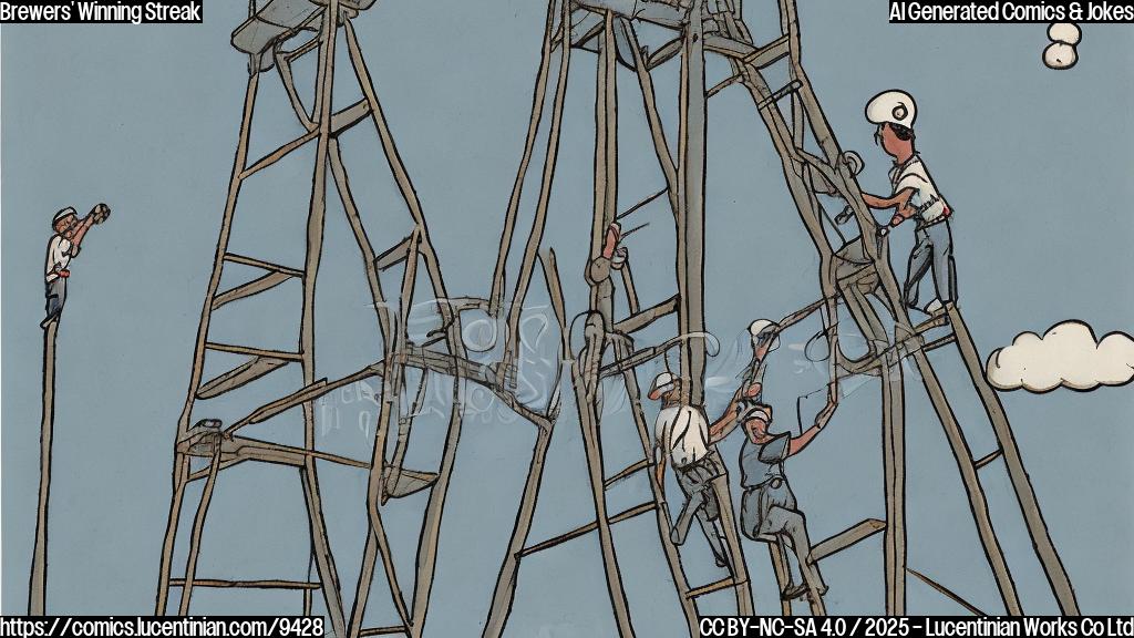 A simple, flat-color cartoon of a baseball team looking upwards with binoculars at a very tall ladder extending into the sky. The ladder has small baseball logos sporadically placed on it. The sky is a solid light blue.