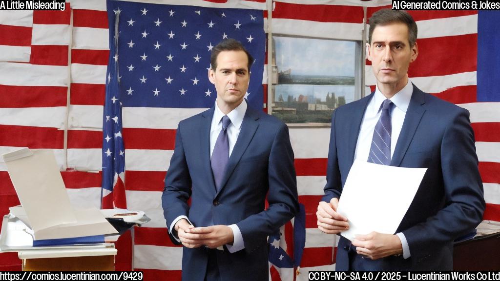 A tall figure with a stern expression stands in front of a podium, wearing a suit and holding a small notebook. The room behind them has a large American flag on one wall and various news outlets' logos on another. In their hand, they are holding a small step stool or ladder with three steps leading up to it.