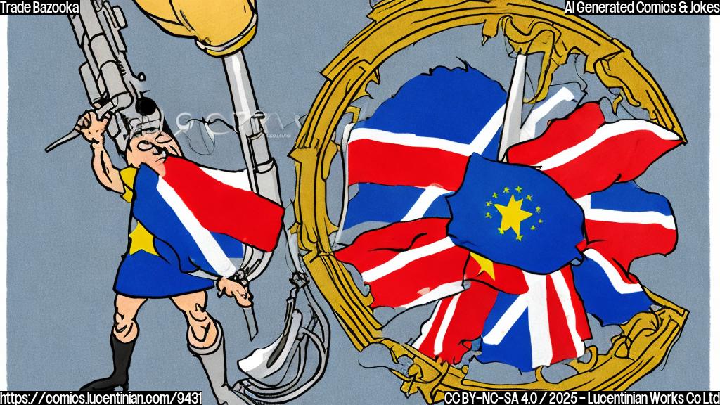 A cartoon drawing of a serious looking European Union flag holding an oversized bazooka labeled "Anti-Coercion Instrument", pointed towards an unseen entity. The background is a plain light blue.