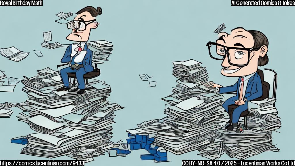 A stressed cartoon character wearing glasses and a suit is sitting at a desk piled high with scrolls and adding machines. The character is sweating and has a calculator in hand. The background is a plain light blue color.