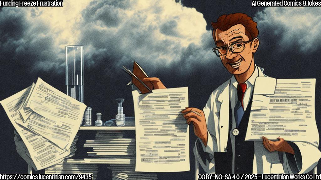 A cartoon drawing of a scientist in a lab coat looking stressed, holding a stack of papers labeled "Grants," with a dark cloud above him. The background is a simple, plain color.