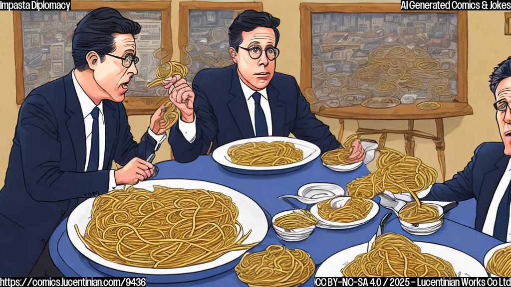 A cartoon of Jon Stewart and Stephen Colbert sitting at a table, with a plate of spaghetti between them. Jon Stewart is holding a fork and looking stern, while Stephen Colbert has his head in his hands, surrounded by a messy plate of noodles. In the background, there's a giant TV screen displaying a news headline that reads "CBS Cancels The Late Show" with a red X marked through it.