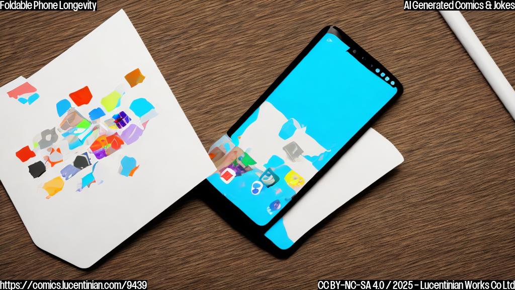 A plain color cartoon style picture of a sad, foldable phone with a cracked screen, lying on a table.